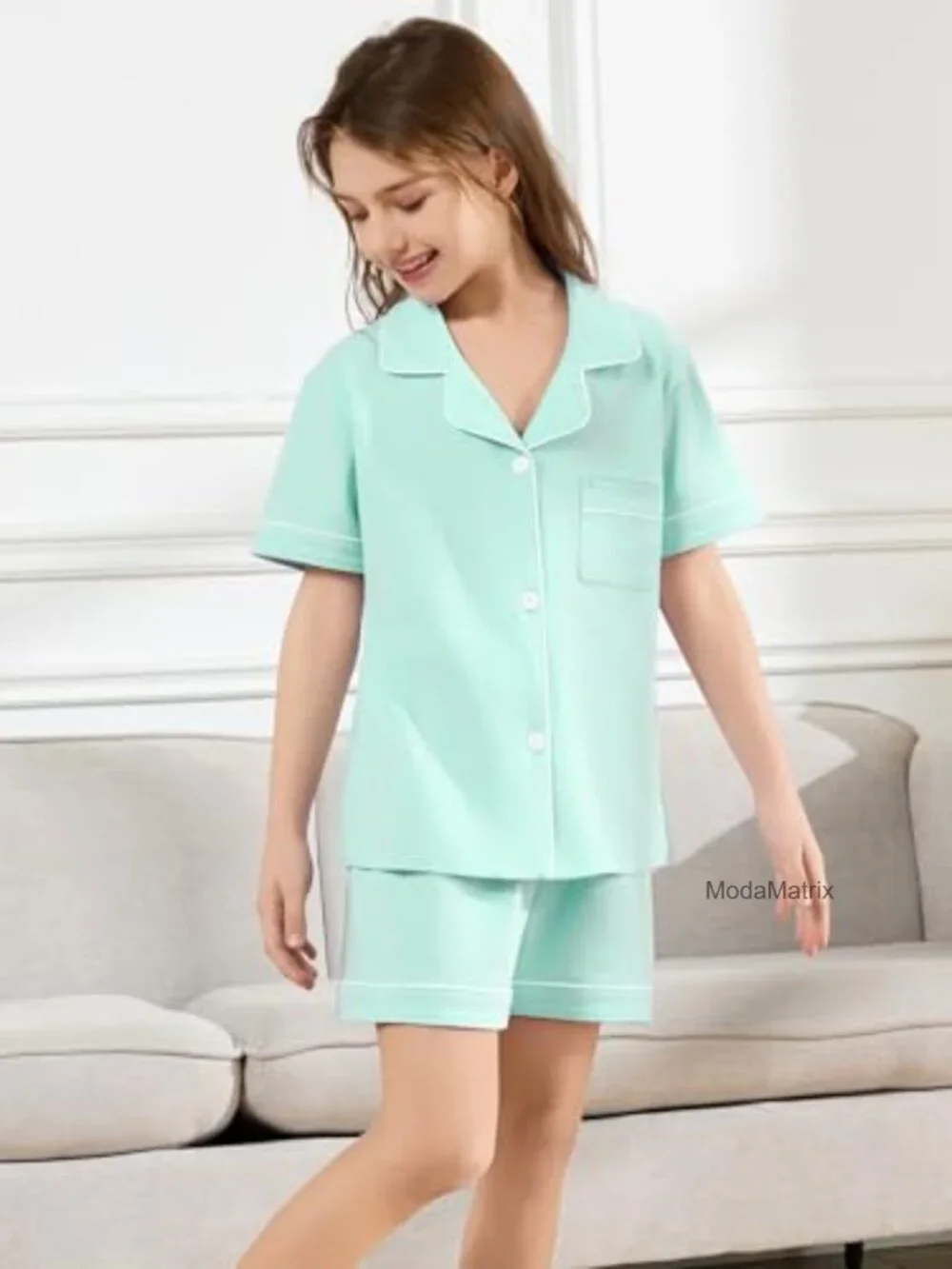 Girls Cotton Spandex Pajama Set Short Sleeve Button Down Sleepwear